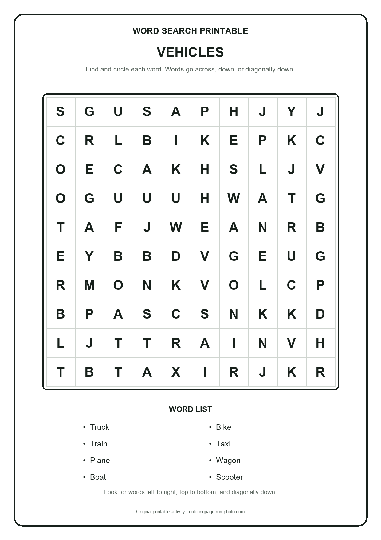 Printable vehicles word search puzzle with a 10 by 10 letter grid and word list