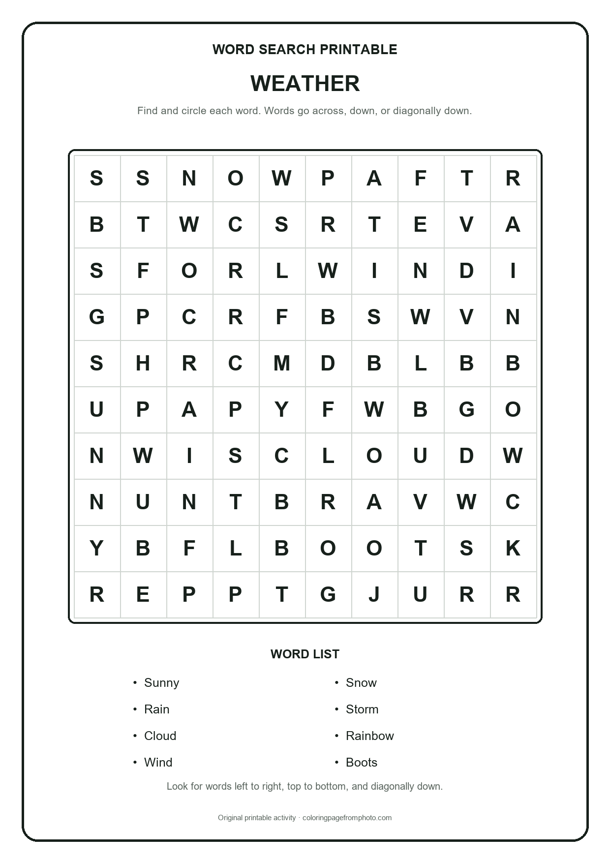 Printable weather word search puzzle with a 10 by 10 letter grid and word list